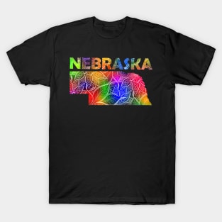 Colorful mandala art map of Nebraska with text in multicolor pattern T-Shirt